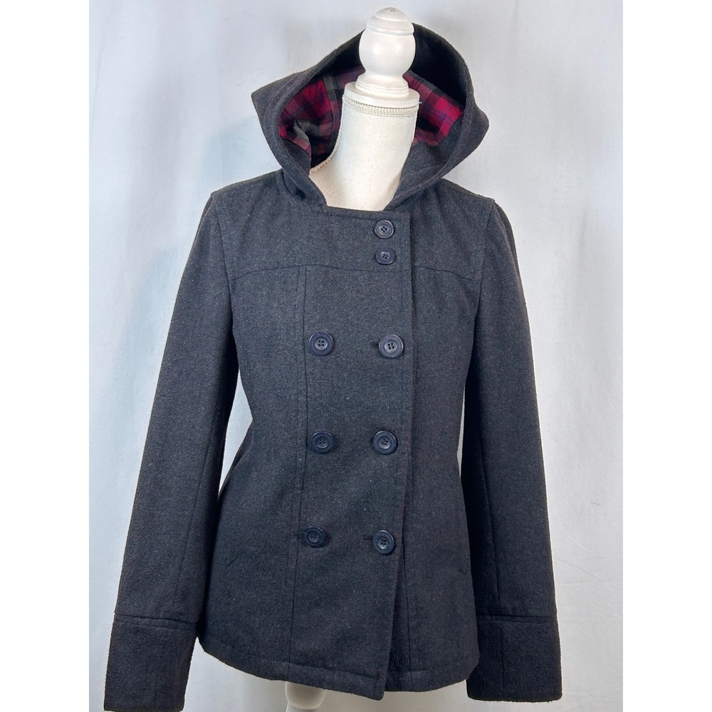 Empyre Charcoal Grey Hooded Pea Coat Plaid Lined Double Breasted Jacket Medium